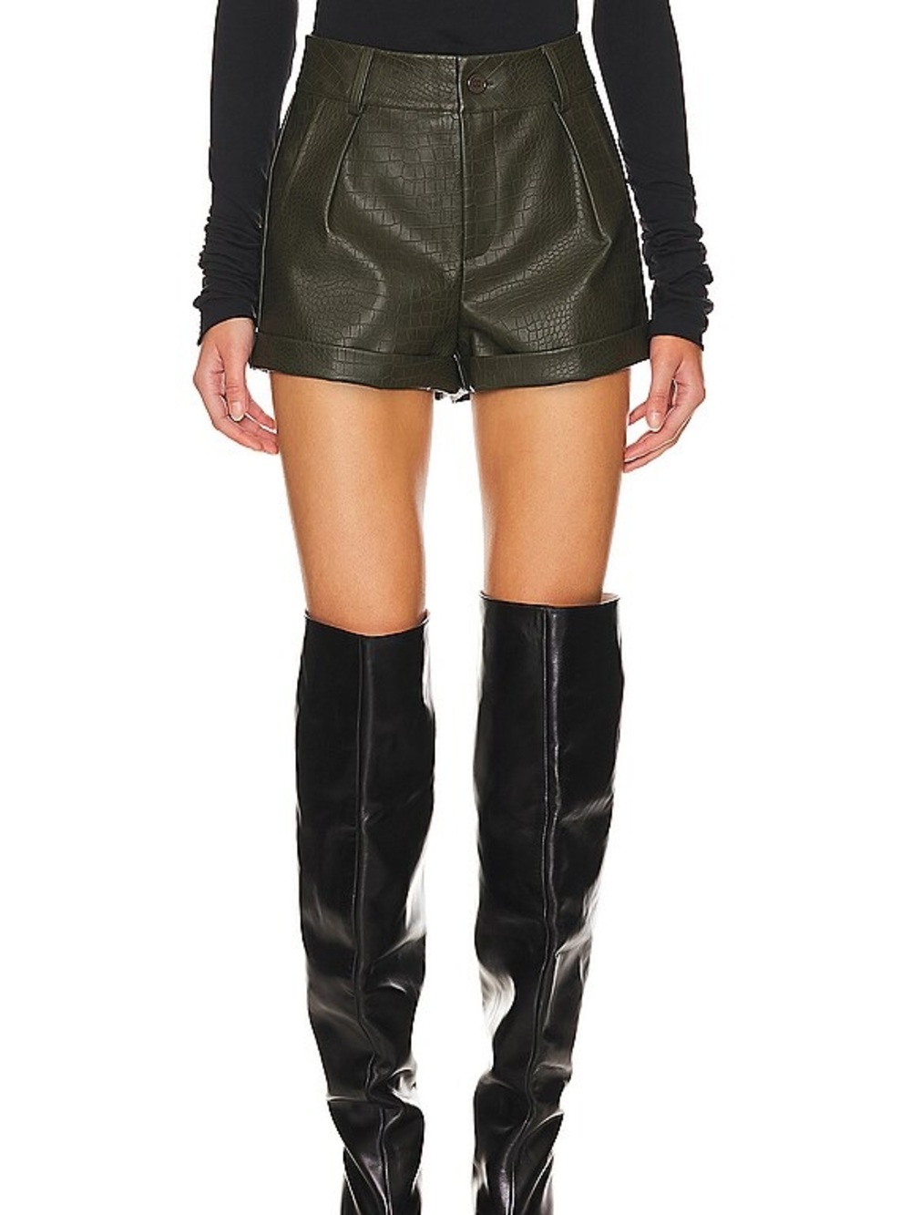 superdown Black Faux Leather Croc-Embossed High Waist Shorts